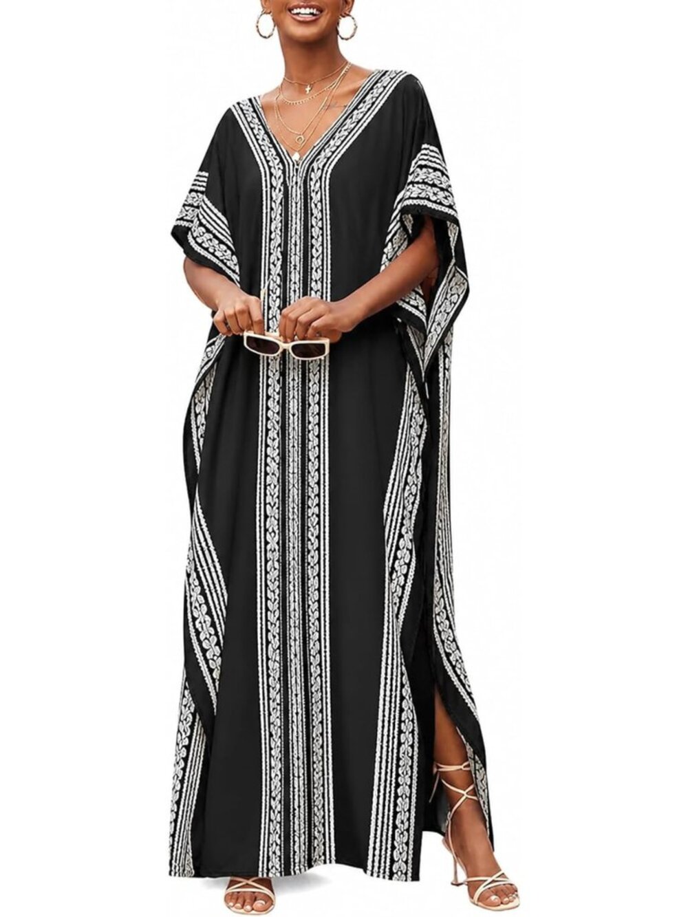 Gypsie Blu Black Geometric Printed Kaftan Summer Beach Cover Up Dress for Women